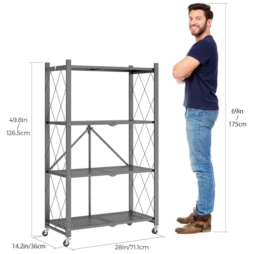 Fenbeli 4-Tier Folding Metal Storage Shelf with Wheels, No Assembly Organizer Rack, Heavy Duty Collapsible Shelving Unit for Garage, Kitchen, Basement, Pantry, Living Room(New Upgrade - Gray, 4 Tier)