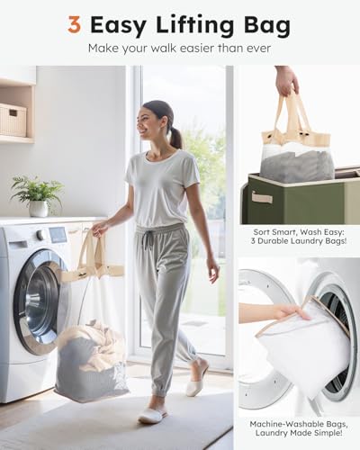 SOLEDI 180L 3-Section Laundry Hamper with Lid, Extra Large Dirty Clothes Basket with Sturdy Handles for Laundry Room & Bedroom - Durable Organizer for Sorting Laundry - color: Green/Grey/White, size: 180L