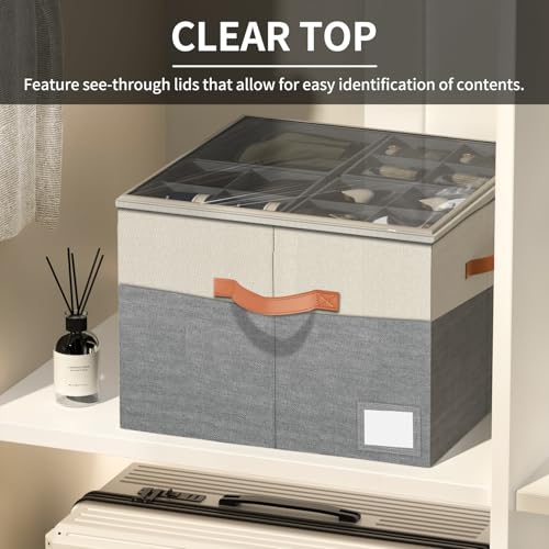 Aokeyee Shoe Organizer for Closet,2 Pack Foldable Shoe Storage Organizer Box Bin with Adjustable Dividers and Clear Cover, Fits up to 16-32 Pairs - color: Beige with Grey, size: 2 PCS