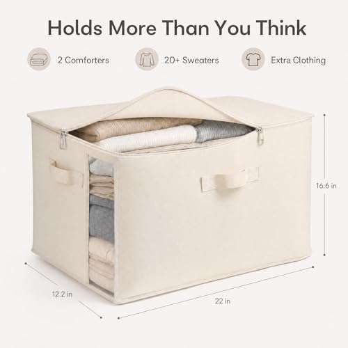 3-Pack Large Canvas Comforter Storage Bags for Clothes Sweater Clothes Organizer with Dual Zipper Three Carrying Handles for Blanket Closet Storage Container - color: Natural color, style: 3 Pack