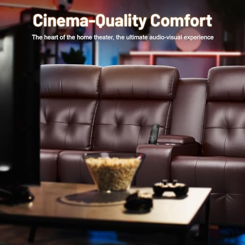 Loveseat Recliner Sofa, 3-Seater Home Theater Seating Massage Reclining Couch with 7 Led Lights, USB, Console, Wall Hugger RV Recliners, 145° Recline & Cup Holders & Side Pockets, for RV & Movie Room - color: Brown, size: 3-Seater 87''