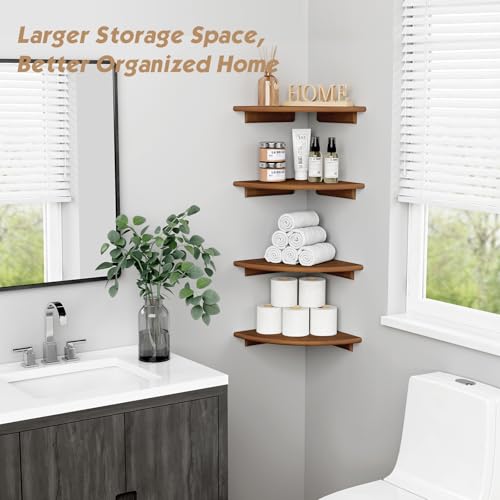 Forbena Corner Bookshelf Wall Mounted Set of 4, Wooden Floating Book Shelves for Nursery, Large Wall Shelving Unit for Living Room Bedroom Bathroom Kitchen Office Classroom Corner (Walnut Color) - color: 2. Walnut, size: 12" Depth