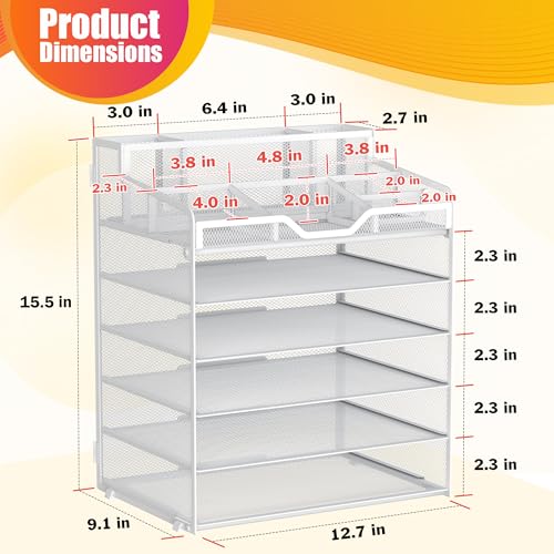 Docnest 6 Tier Mesh Desk Organizer for Paper Office Supplies – Multi-Functional Letter Tray with 5 Adjustable Compartments, 4 Pen Holders, Desktop Storage for Files, Mail, Stationery – White - color: White, size: 12.7" x 9.1" x 15.5"