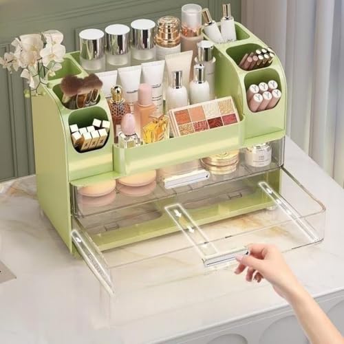 Makeup Organizer with Drawers for Vanity,Bathroom Countertop Organizer with Brushes Holder,Skincare Storage Organizer,Perfect Cosmetic Display Case for Skincare,Lipstick and Beauty Essential (Green) - color: Green