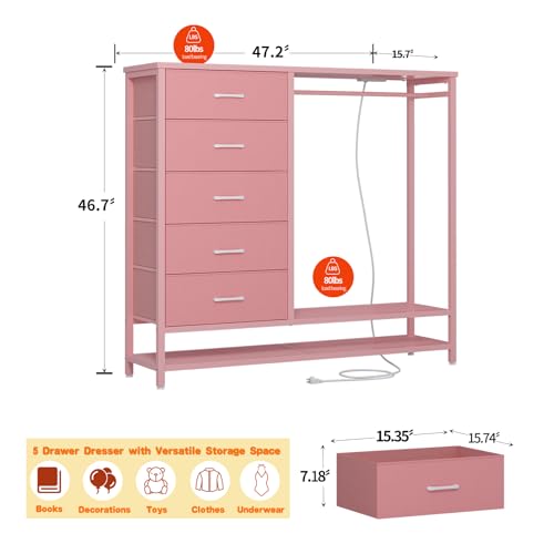Dresser for Bedroom, Dresser with Hanging Rack Led Lights and Charging Station, Tall Dresser with 5 Fabric Chest of Drawers with PU Finish Storage Organizer, for Living Room Kids Room Closet, Pink - color: Pink