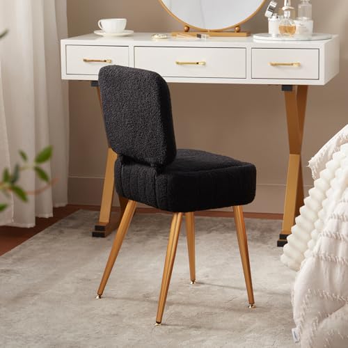 Updated Vanity Chair, Storage Ottoman with Folding Back & Gold-Toned Metal Legs, Ottoman Seat with Teddy Velvet for Dressing Room Living Room Bedroom, 16" x 12.5" Inch - color: Black, size: 16" x 12.5"