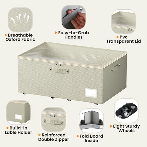 Dayacoco Under Bed Storage With Wheels,10 Inches Under Bed Storage Containers,65L Large Capacity,No Assembly Required Rolling Under Bed Storage for Clothes,Blankets,Shoes,Beige - size: 10.1 inch height-beige