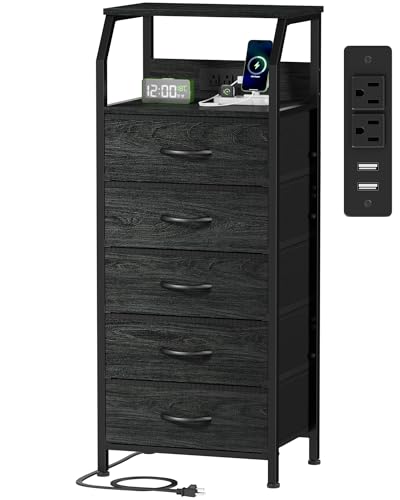 Furnulem 5 Drawers Dresser with Charging Station, Fabric Chest of Drawers with Open Shelf, Tall Night Stand, Bedside Table for Closet, Entryway, Bedroom Furniture, 3 Ways to Use, Black Oak - color: Black Oak, size: 5 Drawer