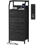 Furnulem 5 Drawers Dresser with Charging Station, Fabric Chest of Drawers with Open Shelf, Tall Night Stand, Bedside Table for Closet, Entryway, Bedroom Furniture, 3 Ways to Use, Black Oak - color: Black Oak, size: 5 Drawer