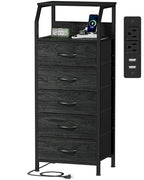 Furnulem 5 Drawers Dresser with Charging Station, Fabric Chest of Drawers with Open Shelf, Tall Night Stand, Bedside Table for Closet, Entryway, Bedroom Furniture, 3 Ways to Use, Black Oak - color: Black Oak, size: 5 Drawer
