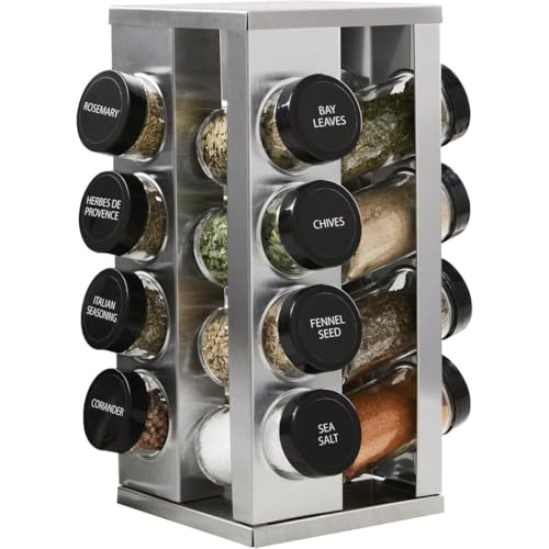Kamenstein 16 Jar Heritage Revolving Countertop Spice Rack Organizer with Spices Included, FREE Spice Refills for 5 years, Brushed Stainless Steel with Black Caps | Revolving, Organizer, with Spices Included, with Black Caps - size: 16-Jar, style: 16-Jar