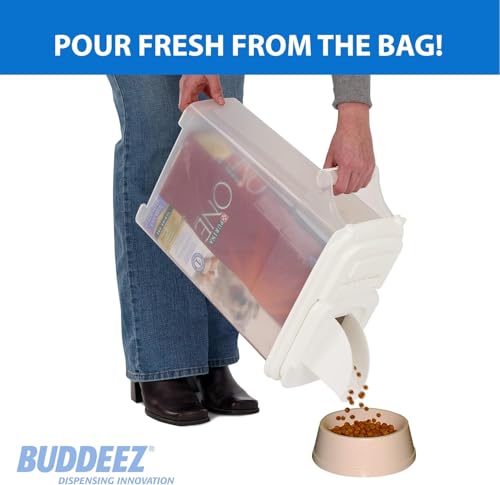 Buddeez Pet Food Storage Container - 16 LB Capacity Dog Food Storage Container, Cat Food Container, Bird Seed Storage Container with Durable EZ Grip Handle and EZ Flip Lid with Pour Spout (White Lid) - color: White Lid, size: 1 Pack (16 Quart)