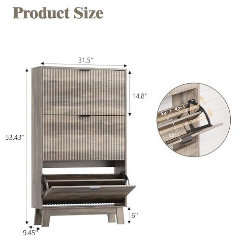 Shoe Cabinet Storage for Entryway with 3 Flip Drawers, Fluted Narrow Shoe Organizer with Wooden Legs, Freestanding Slim Shoe Storage Hidden Shoe Rack Organizer for Front Door Entrance, Hallway, Grey - color: Grey, size: 3 Drawer