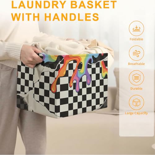 56L Checkered Laundry Basket Clothes Hamper with Handles,Foldable Blanket Storage Large Laundry Hamper with Waterproof PE,Toy Storage Bin Organizer,Cube Clothes Organizer,Home Decor - color: Checkered
