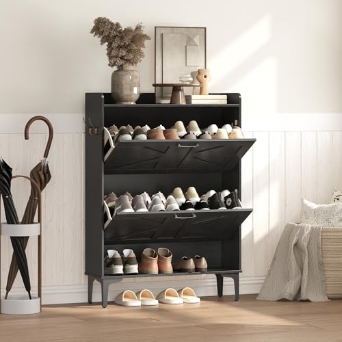 MAHANCRIS Shoe Storage Cabinet, Shoe Organizer with 2 Flip Drawers, Hidden Shoe Storage for Entryway, Freestanding Shoe Cabinet Organizer with Open Storages, Black SHHB9401 - color: Black