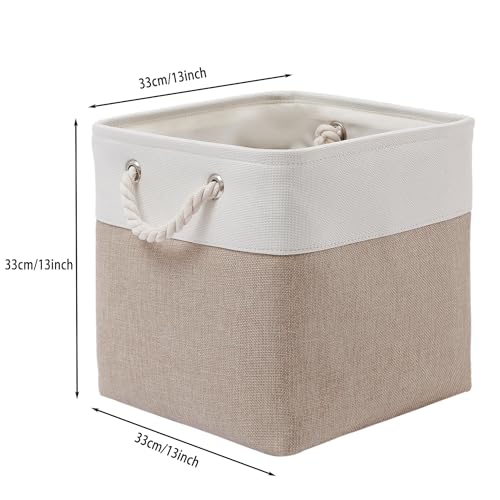 MidmmVick 13 x 13 Inch Cube Storage Bins, 4 Pack Large Collapsible Fabric Storage Bin with Ropes, Foldable Storage Cubes for Home, Office,Closet, Clothes, Toys Organizer (White & Beige) - color: White&Beige-13"x13"x13"