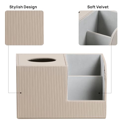 Square Tissue Box Cover with 2 Compartments Storage Organizer, PU Leather Tissue Box Holder with Remote Control Holder for Livingroom Nightstand, Multifunctional Cube Tissue Holder (Beige) - color: Beige