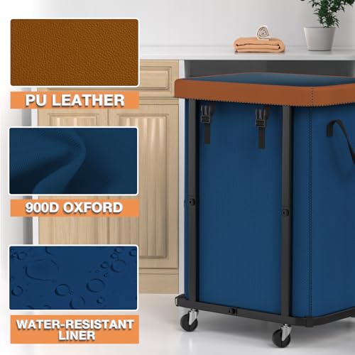 150L (40 Gal) Large Fashion Laundry Basket with Wheels, Leather Patchwork Rolling Hamper Carts, Sturdy Metal Frame, Removable Washable Bag, Tall Clothes Sorter for Bedroom, Laundry Room - Navy Blue - color: Navy Blue, size: 1 Section-150L