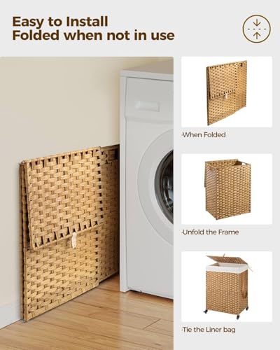 Greenstell Laundry Hamper with Wheels, No Install Needed, 90L Divided Handwoven Hampers & 2 Removable Liner Bags, Synthetic Rattan Clothes Laundry Basket with Lid & Handles, Foldable Hampers Natural - color: Natural, size: 90L: 18.3x13.5x26.4 Inches