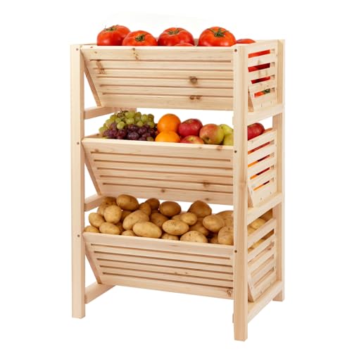 Potato Onion Storage Rack, 3-Tier Stackable Wooden Bins for Pantry Cabinet, Ventilated Vegetable Organizer with Baskets, Fruit Produce Bread Holder for Kitchen Shelf, Fir Wood