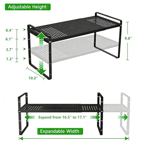 Expandable Cabinet Organizer Shelf - Adjustable Width (16.5”-27.1”), Stackable, Heavy Duty 80 lbs, for Kitchen Pantry, Countertop, Office, Spice Rack - Black, Large Size, 1 Pack - color: Black 1 Pack, size: Large - 10.2"W x (16.5"-27.1")L x 9.8"H