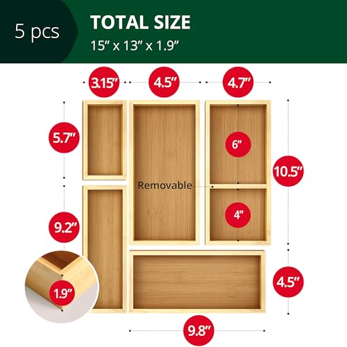 ROYAL CRAFT WOOD Adjustable Bamboo Drawer Dividers Organizers (17-22") - Multipurpose Storage Boxes 5 pcs