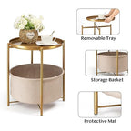 danpinera Round Side Table with Fabric Storage Basket, Metal Side Small Bedside Table Nightstand with Removable Tray Top for Living Room, Bedroom, Nursery, Bathroom, Gold - color: Gold