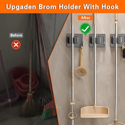 Mop Broom Holder-Self Adhesive Stainless Steel Broom Hanger Organizer for Bathroom, Kitchen, Office，Utility Room，Laundry Room,Home Garden, Garage Storage and Organization Rack(Silver gray-4Psc)