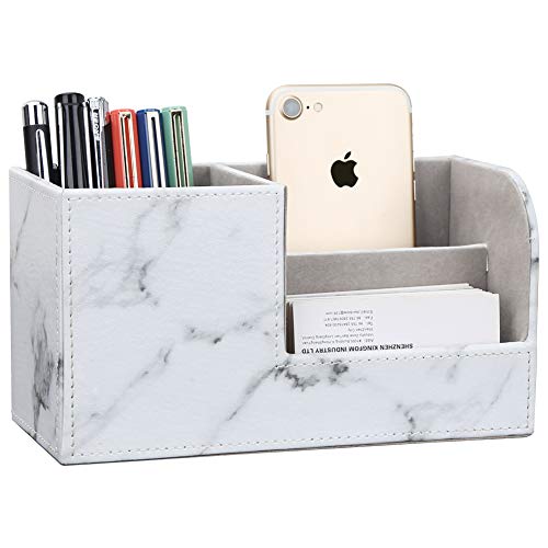 KINGFOM Desk Organizer Office Supplies Caddy Pu Leather Multi-function Storage Box Pen/Pencil,Cell phone, Business Name Cards Remote Control Holder Gray Marble - color: S-gray Marble