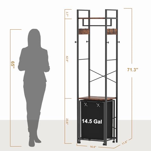 Coat Rack with Laundry Basket, Laundry Hamper Freestanding Hall Tree, Clothes Rack with Storage Shelves, 14.5 Gal Removable Bags on Wheels, Black and Brown JLH005SR - color: Black and Brown