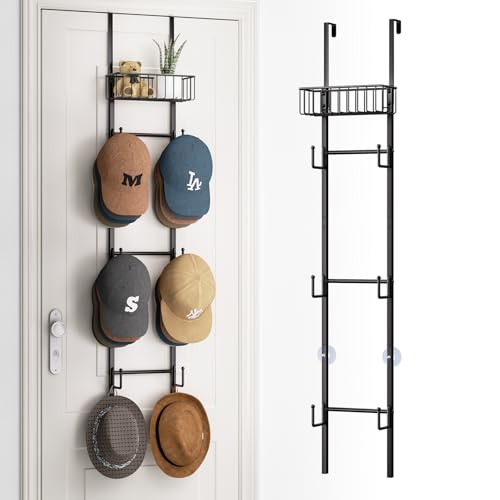 HapiRm Over Door Hat Rack - Wall Mounted Hat Organizer with 6 Hooks and Metal Basket Design, Baseball Cap Organizer Storage Holder Up to 32 Caps for Door, Bedroom, Closet (Black) - color: Black, size: 1 Pack