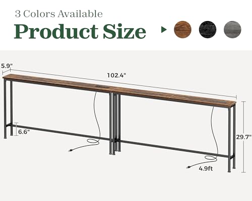SUPERJARE 102.4 Inch Sofa Table with Power Outlets and USB-C Ports, 5.9 Inch Narrow Console Tables, Entryway Hallway Couch Tables with Storage, Behind Sofa, Small Spaces, Living Room, Rustic Brown - color: Rustic Brown, size: 5.9''D x 102.4''W x 29.7''H