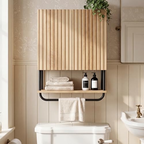 Modern Fluted Bathroom Wall Cabinet,3-Tier Curved Profile Wooden Medicine Cabinet with 2 Doors,Over the Toilet Storage Cabinet Wall Mounted with Adjustable Shelf and Towel Bar(Oak, Small) - color: Oak, size: Small