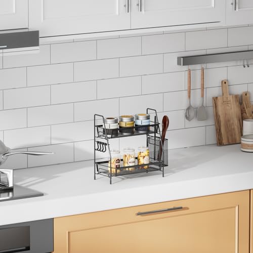 VITVITI 2-Tier Bathroom Organizer Countertop, Metal Wire Mesh Bathroom Counter Organizer Storage with Basket Hooks, Vanity Tray Shelf, Kitchen Spice Rack, Small Black - color: Small Black Wire Mesh