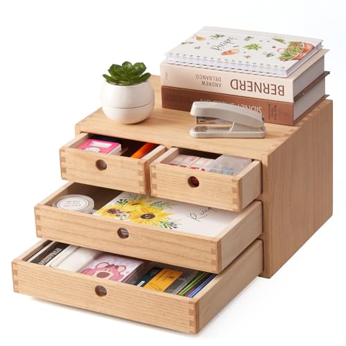 Kirigen Natural Wood Desktop Organizers with Drawers - Home Workspace Office Supplies Wooden Storage Box Shelf Case - Hold Makeup Box (NA, 3-Layer &4 Drawers) - color: Natural, size: 3-layer &4 drawers