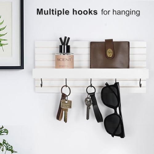 Lwenki Decorative Key Holder for Wall with Shelf, Entryway Shelf with Hooks Holds Leashes, Jackets and Glasses – Sturdy Wood Keyholder Entrance Hanger with Mounting Hardware (White, Medium) - color: White, size: Medium