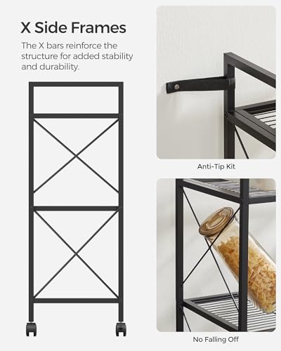 SONGMICS 3-Tier Metal Storage Rack with Wheels, Mesh Shelving Unit with X Side Frames, 23.6-Inch Width, for Entryway, Kitchen, Living Room, Bathroom, Industrial Style, Black UBSC163B01 - color: Black, size: 23.6"W