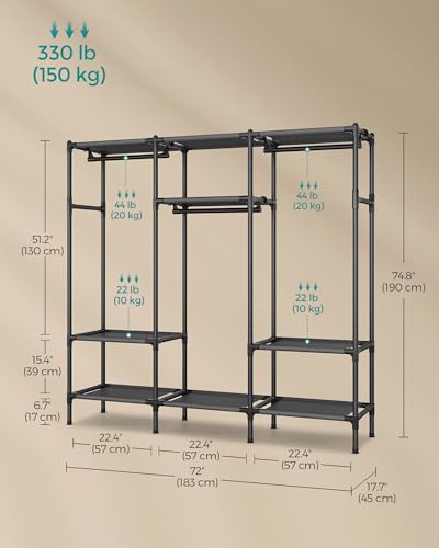 SONGMICS Clothes Rack,72 Inch Large Capacity Portable Closet, Heavy Duty Wardrobe Closet Organizer with Hanging Rails and Shelves, Total Load 330 lb, Easy Assembly, for Bedroom, Black URDR211B01 - size: 72"L x 17.7"W x 74.8"H