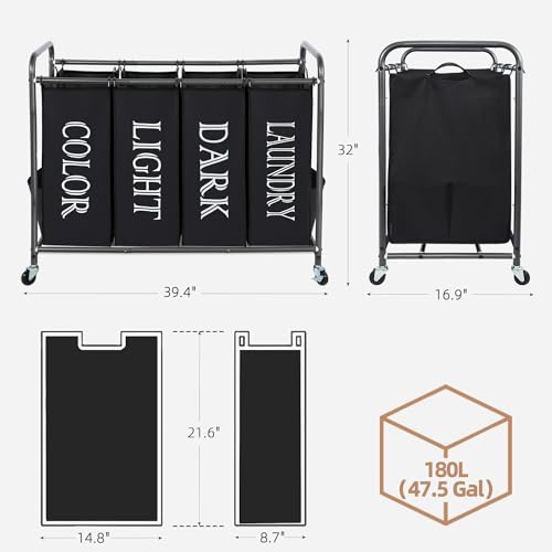 STORAGE MANIAC Laundry Sorter 4 Section, 47.8 Gal (181 L) Laundry Hamper with Wheels, Clothes Divider Basket Sorter, Clothes Separator Hamper Cart with Wheels and Removable Bags, Label Black - color: Lable Black, size: 4 Section