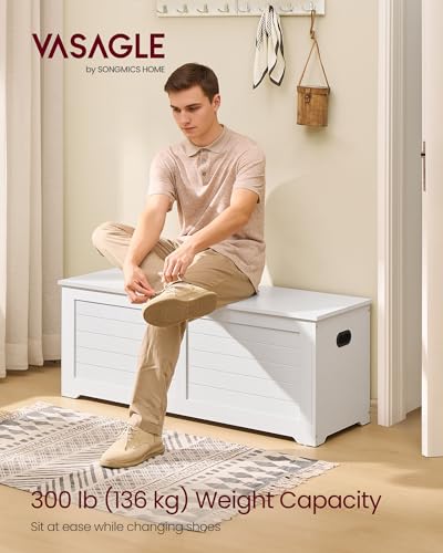 VASAGLE Storage Chest, Storage Bench with 2 Safety Hinges, Farmhouse Style, 15.7 x 47.2 x 18.1 Inches, for Entryway, Bedroom, Living Room, Cloud White ULSB065W01 - color: Cloud White, size: 47.2"W