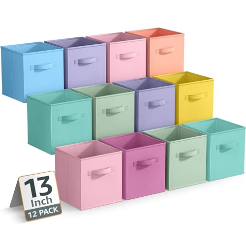 Sorbus 13 Inch Storage Bins - Sturdy Collapsible Fabric Storage Cubes with Handle - 12 Foldable Baskets for Organizing Clothes, Toys, Books - Storage Baskets for Shelves, Closets - color: 12 Pack Pastel Multi-Color 3, size: 13 Inch