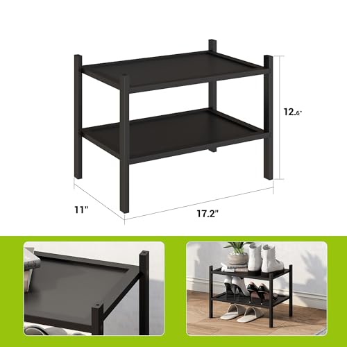 BMOSU 2-Tier Bamboo Small Shoe Rack Premium Stackable Shoe Shelf Storage Organizer for Hallway Closet Living Room Entryway Organizer(Black) - color: Black, size: Small-2-Tier（17*11*12.6inches）
