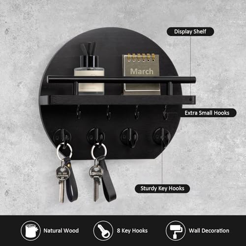 Nekon Key Holder for Wall - 9.8 Inch Apartment Wall Decor with Shelf and 8 Key Hooks, Circular Wood Key Hanger for Home Decor (Black) - color: Black
