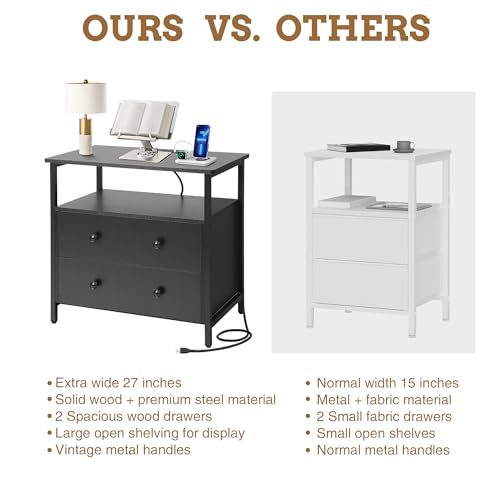 Edbuosy 27 inch Wide Night Stand Set 2 with Charging Station, Bedside Table with Open Shelf, 2 Drawers Small Wood Dresser, Modern Wood Nightstand for Bedroom/Living Room (Black) - color: 2 Pack, Black, size: 2 Drawers