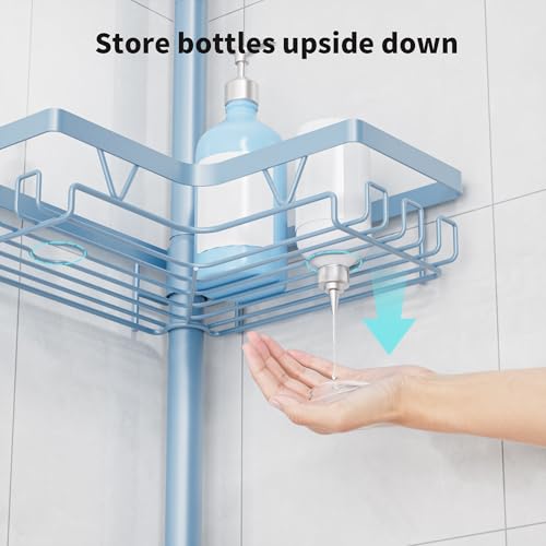 KEGII Shower Caddy Tension Pole, 4-Tier Rustproof Adjustable Corner Bathroom Organizer for Renters, 25–114.2 Inch No Drill Space-Saving Shower Storage Rack, Blue - style: Tension Caddy - Blue