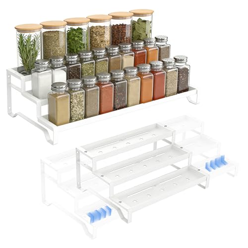 SANKEU Expandable Spice Rack Organizer for Cabinet 3 Tiered Metal Seasoning Organization with Guardrails Spice Shelf Storage for Jars Adjustable Length 13"-21" White 1Pack - color: White, size: 1 Pack