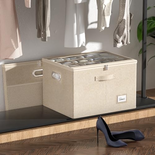 Shoe Organizer for Closet, Large Shoe Box Storage Containers with Clear Window, Space Saving Shoe Bin with Foldable Bottom Support Adjustable Dividers - Fits 16 Pairs (Beige, (19.7*15.7*13)x1) - color: Beige, size: (19.7*15.7*13)x1