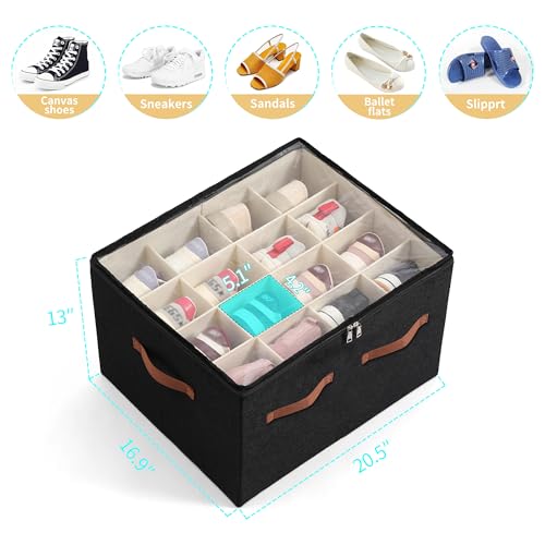 Shoe Organizer for Closet, Foldable Large Shoe Storage Box with Clear Cover, Removable Partitions and Bottom are Supported by Plastic Boards (Black, 20.5“Lx16.9 Wx13'H) - color: Black