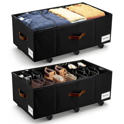 Under Bed Storage with Wheels,Underbed Storage with Sturdy Sidewalls/Bottom, Clear Cover, Label and PU Handle, Rolling Under Bed Drawers for Clothes, Shoes, 11 Inch Height,Black, 2 Pack - color: Black 2 Pack, size: 11 inch