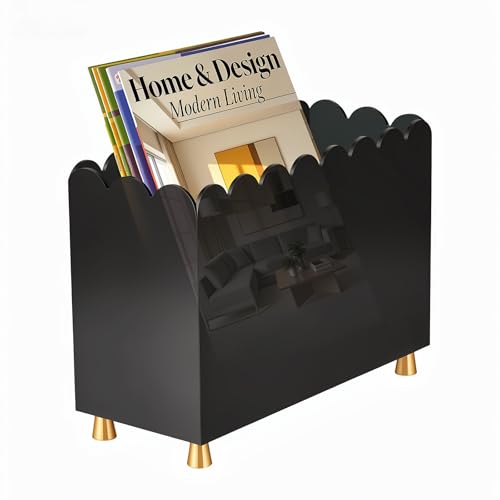 Acrylic Magazine Holder, Magazine Rack Floor,Sleek Black Stylish Organizer with Luxe Gold Metal Feet and Wave Edge Design Space Saving Storage for Books Newspapers Office Supplies,Home Office(Black) - color: Black